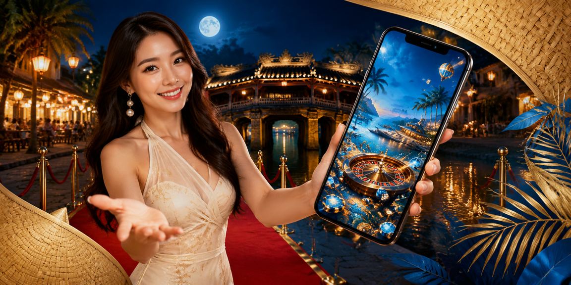Người dùng Hội An đội nón lá truy cập casino di động và đặt cược trực tuyến trên điện thoại